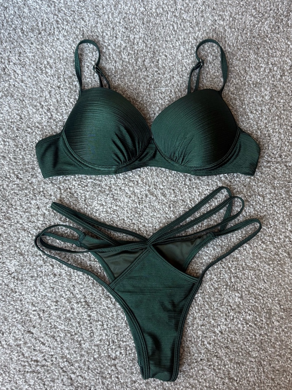 Dark Green Ribbed Bikini with Strappy Bottoms and Underwire Top (Fashion Nova)